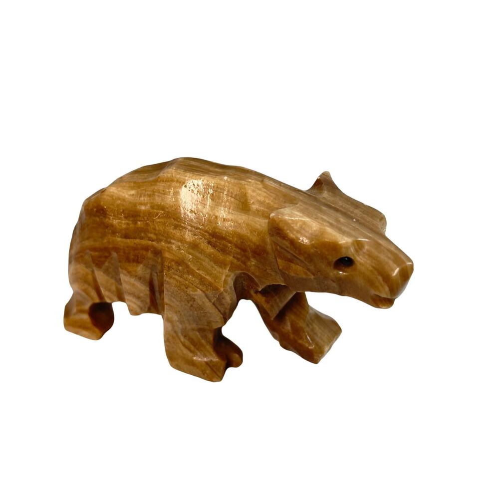 Vintage Hand Carved Stone Brown Bear Figurine Walking Quartz Alabaster? 4"x2"